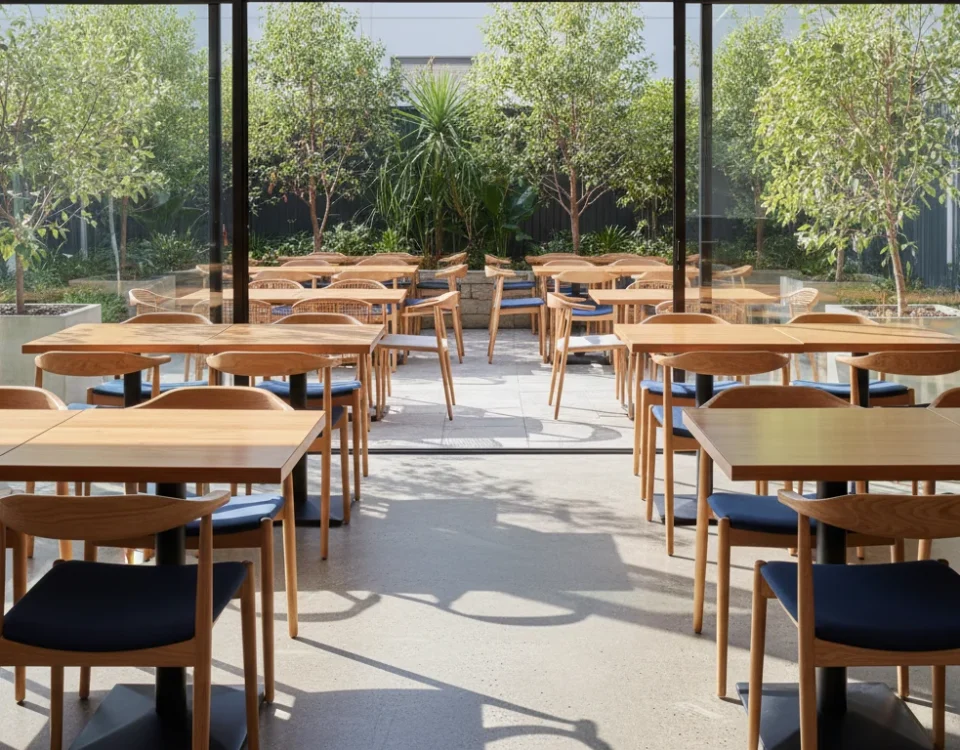 Modern cafe interior with chairs and tables — cafe furniture guide for Australian cafe owners