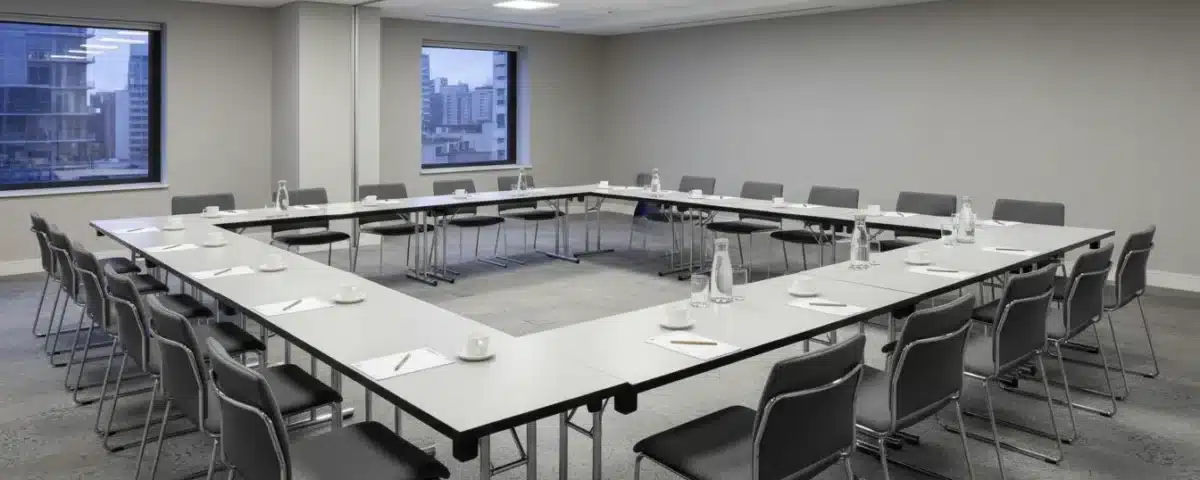 Conference room set up with commercial folding tables in U-shape configuration for hotel or event centre use