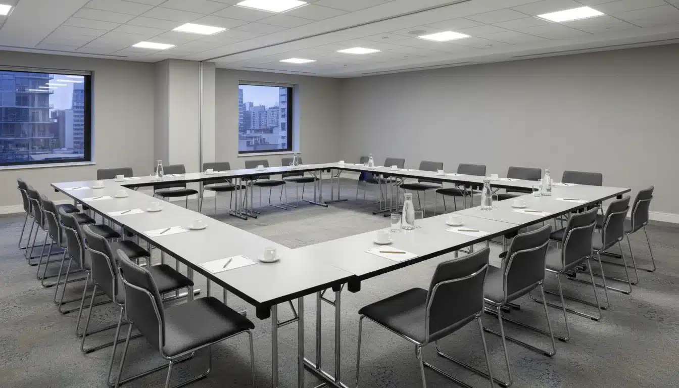Conference room set up with commercial folding tables in U-shape configuration for hotel or event centre use