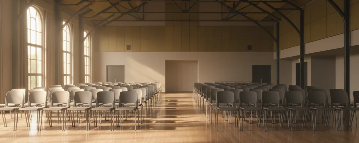 Rows of stackable chairs arranged in a school assembly hall with polished timber floors and high ceilings