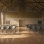 Rows of stackable chairs arranged in a school assembly hall with polished timber floors and high ceilings