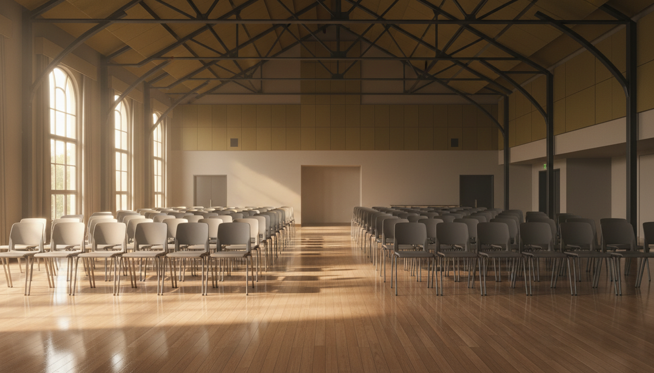 Rows of stackable chairs arranged in a school assembly hall with polished timber floors and high ceilings